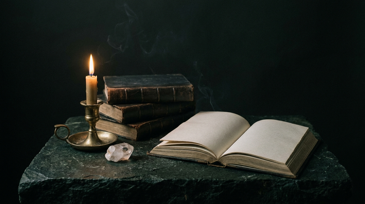 A stack of worn leather-bound books and one open book beside a brass candlestick and a raw quartz point on dark green stone, lit by a single candle flame.