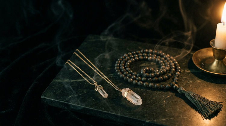 A hand-knotted stone mala with a dark tassel and two gold-chain crystal pendant necklaces on dark green marble, lit by a single brass candlestick.