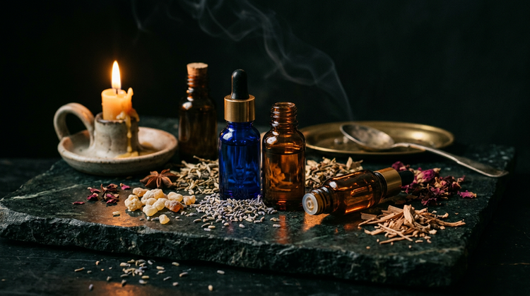 Amber and cobalt glass dropper bottles of anointing oil with frankincense resin, lavender and dried rose on dark green stone, lit by one candle.
