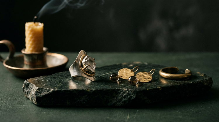 A silver statement ring set with a raw quartz point, gold hammered drop earrings and a brass ear cuff on dark green stone, lit by a single beeswax candle.