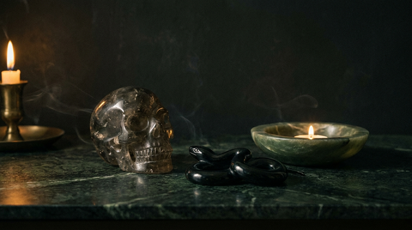 Carved smoky quartz crystal skull, polished obsidian serpent and a green stone bowl on dark green marble lit by candlelight.