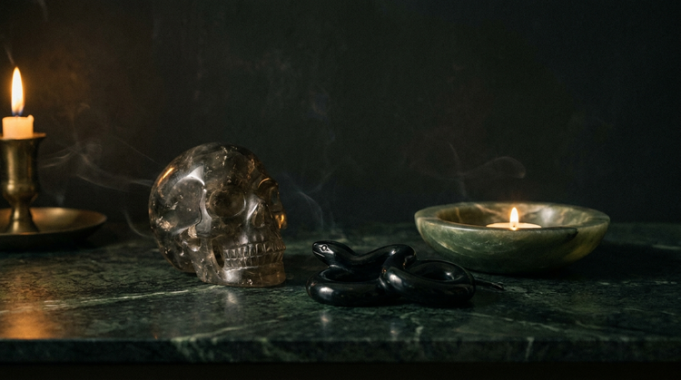 Carved smoky quartz crystal skull, polished obsidian serpent and a green stone bowl on dark green marble lit by candlelight.