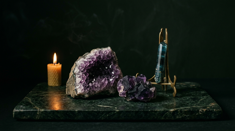 Amethyst geode, purple fluorite cluster and a blue tourmaline crystal on a brass stand, on dark green marble lit by one candle.