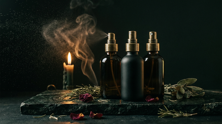 Three unlabeled amber and black glass ritual spray bottles with brass mist sprayers, dried sage and rosemary and scattered rose petals on dark green marble lit by a single candle.