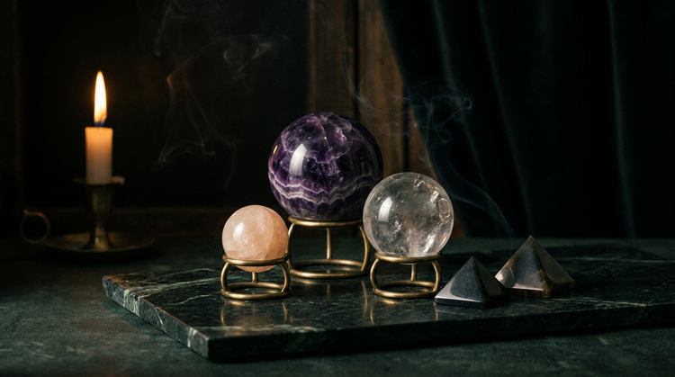 Polished chevron amethyst, clear quartz and peach selenite spheres on brass ring stands beside two small stone pyramids, on dark green marble lit by a single candle.