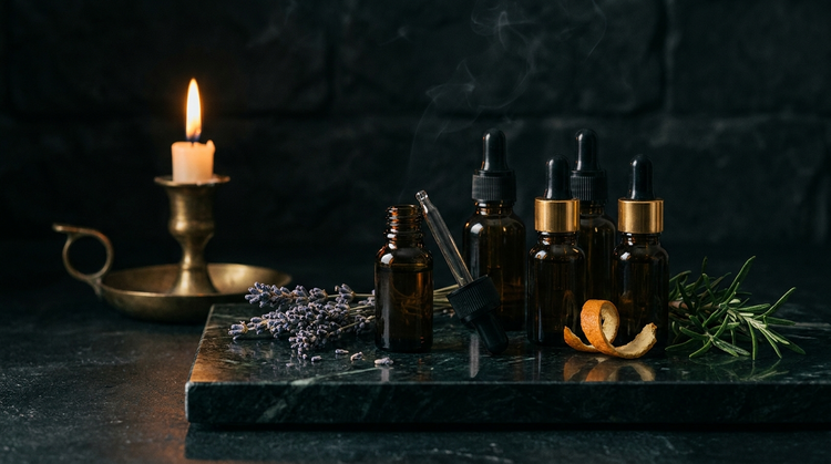 Five unlabeled amber glass essential oil bottles with dropper caps, one open with a glass pipette, beside dried lavender, a curl of orange peel and fresh rosemary on dark green marble lit by one candle.