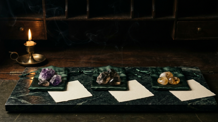 Three sets of raw amethyst, smoky quartz and citrine stones resting on dark green satin pouches with blank guidance cards, arranged on dark green marble and lit by a single brass candlestick.