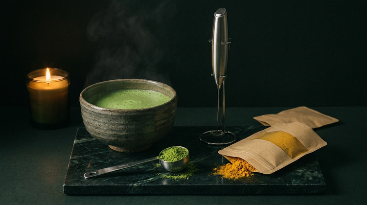 A ceremonial tea bowl of foamed jade-green matcha beside a steel measuring scoop heaped with matcha powder, an upright electric frother on its stand and two unlabeled kraft pouches spilling golden turmeric powder, on dark green marble lit by one candle.
