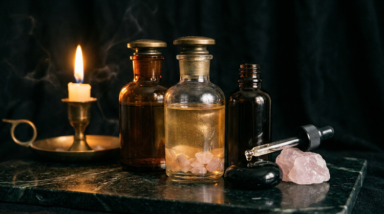 Three unlabeled apothecary glass bottles of shimmering body oil, one showing rose quartz chips suspended in golden oil, with a glass dropper, a raw rose quartz chunk and polished black obsidian on dark green marble beside a brass candlestick.