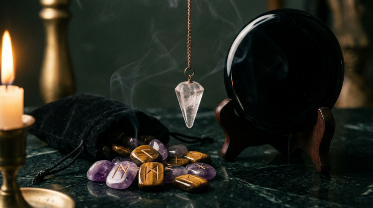Amethyst and tiger's eye rune stones spilling from a black velvet pouch beside a clear quartz pendulum on a copper chain and a round black obsidian scrying mirror on a wooden stand, on dark green marble lit by a single candle.