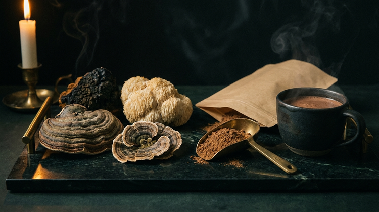 Whole dried reishi, chaga, lion's mane and turkey tail mushrooms beside a brass scoop heaped with cocoa-brown extract powder, an unlabeled kraft pouch and a dark stoneware cup of steaming cacao, on dark green marble lit by a single candle.