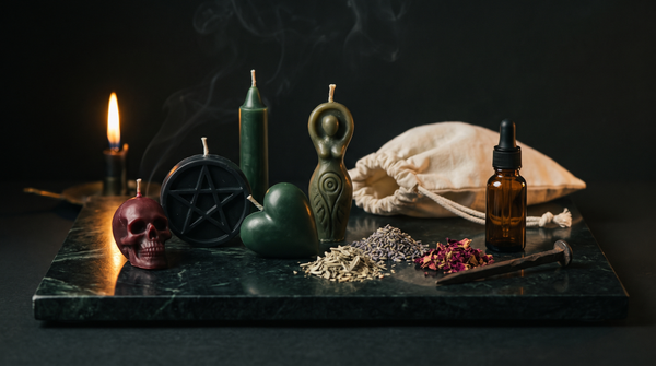 Beeswax figural spell candles - a red skull, a black pentacle disc, a green heart taper and a carved goddess figure - with piles of dried herbs, an amber dropper bottle, a forged nail and a cotton pouch on dark green marble, lit by a single candle flame.