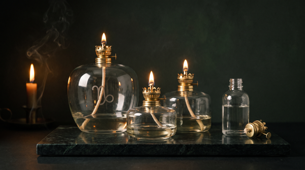 Three refillable glass oil candles in graduated sizes with brass wick holders and lit flames, one engraved with a zodiac glyph, beside a clear fuel bottle and a spare brass burner on dark green marble in warm candlelight.