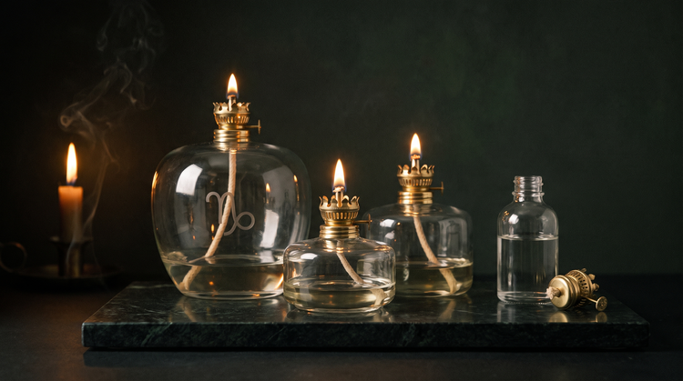 Three refillable glass oil candles in graduated sizes with brass wick holders and lit flames, one engraved with a zodiac glyph, beside a clear fuel bottle and a spare brass burner on dark green marble in warm candlelight.