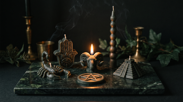 Hand-cast figural beeswax spell candles — a scorpion, a hamsa hand, a lit ram's head, a pentagram disc, a stepped pyramid and a tall seven-knob taper — arranged on dark green marble with brass candlesticks and drifting smoke in warm candlelight.