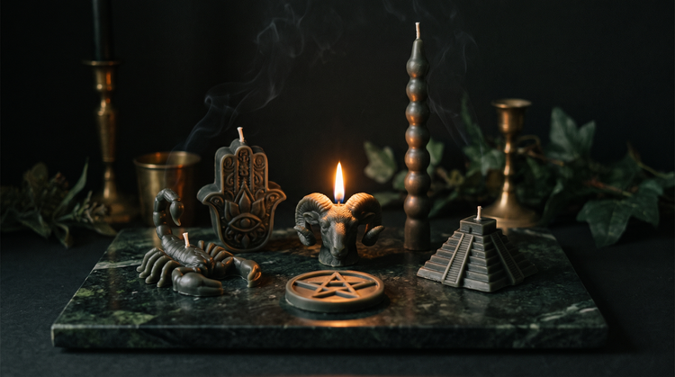 Hand-cast figural beeswax spell candles — a scorpion, a hamsa hand, a lit ram's head, a pentagram disc, a stepped pyramid and a tall seven-knob taper — arranged on dark green marble with brass candlesticks and drifting smoke in warm candlelight.