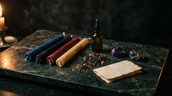 Four unlit beeswax taper candles in blue, black, red and gold beside an unlabelled amber dropper bottle, dried ritual herbs, a tumbled amethyst, a lodestone, blank parchment and scattered glass glitter on dark green marble in warm candlelight.