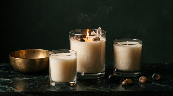 Three plain glass tumbler candles of different heights in cream undyed wax on dark green marble, the tallest lit with tumbled gemstones and a clear quartz point resting on the wax, a brass bowl and loose stones alongside.