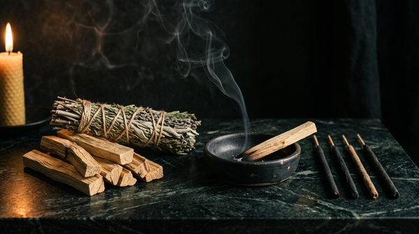 Palo santo wood sticks stacked beside a tied herb bundle, one stick smoldering in a dark ceramic dish with rising smoke, and four hand-rolled incense sticks in a row on dark green marble, lit by a single beeswax candle.