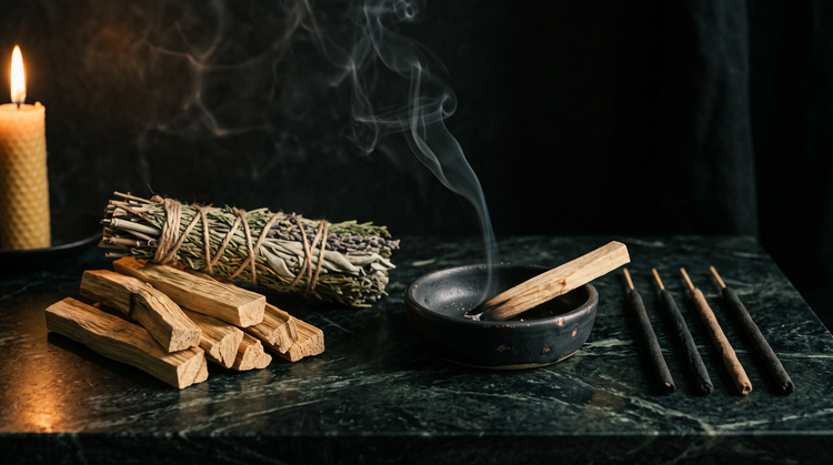 Palo santo wood sticks stacked beside a tied herb bundle, one stick smoldering in a dark ceramic dish with rising smoke, and four hand-rolled incense sticks in a row on dark green marble, lit by a single beeswax candle.