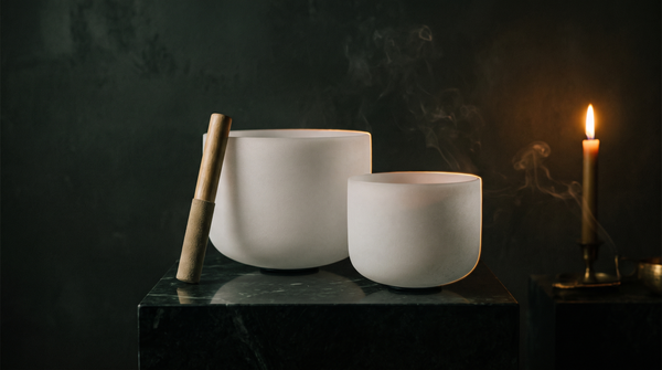 Two frosted white quartz singing bowls of different sizes on a dark green marble plinth, a suede-wrapped wooden mallet leaning against the larger one, a lit taper candle and faint smoke in the near-black background.