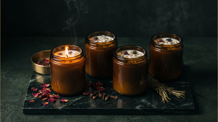 Four plain amber glass jar candles in cream wax on dark green marble, one lit, small tumbled gemstones and dried herbs set into the wax surface, with loose rose petals, cloves and a sprig of rosemary alongside in warm candlelight.