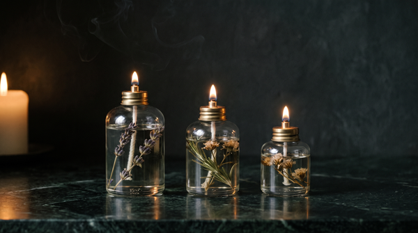 Three refillable glass oil candles of graduated size with brass wick collars and dried botanicals suspended in the oil, lit on dark green marble by warm candlelight