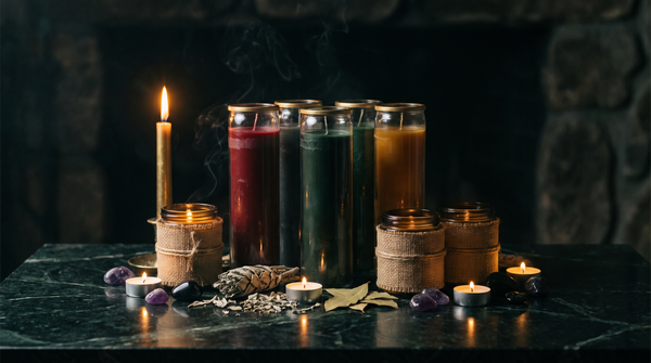 Seven-day glass candles, herb-dressed jar candles and tealights with loose dried herbs and tumbled stones on dark green marble in warm candlelight
