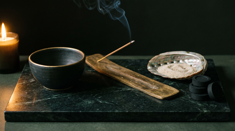 Ceramic incense bowl, wooden ash-catcher tray with a smoldering incense stick, abalone shell lined with sand and a stack of charcoal disks on dark green marble, lit by candlelight