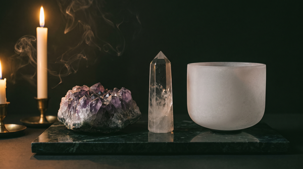 Raw amethyst geode, polished clear quartz obelisk and a frosted quartz singing bowl on dark green marble, lit by two candles against a near-black background