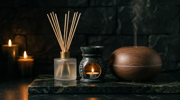 A frosted glass reed diffuser with rattan reeds, a carved soapstone oil burner lit by a tealight and a walnut ultrasonic diffuser releasing mist, on dark green marble in warm candlelight