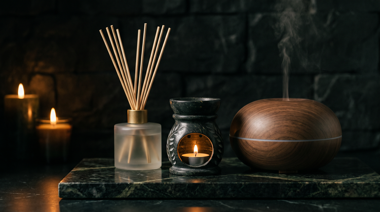 A frosted glass reed diffuser with rattan reeds, a carved soapstone oil burner lit by a tealight and a walnut ultrasonic diffuser releasing mist, on dark green marble in warm candlelight