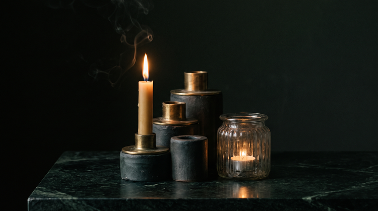 A stepped group of handmade ceramic and marble taper candle holders beside a fluted glass lantern on dark green marble, one holding a lit beeswax taper, lit by warm candlelight