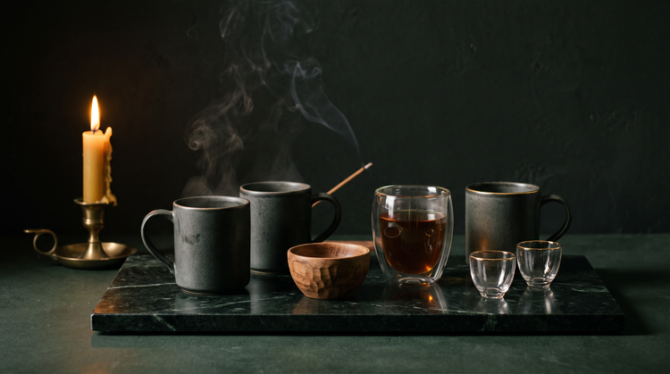 Matte stoneware mugs, a carved wooden cacao cup, a double-walled glass of dark tea and two small bud-shaped glass cups grouped on dark green marble beside a brass candlestick