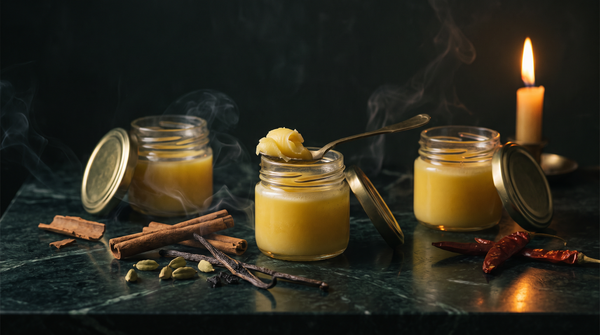 Three open glass jars of golden grass-fed ghee with a brass spoon lifting a curl of it, beside cinnamon bark, cardamom pods, a vanilla pod and dried chillies on dark green marble in warm candlelight