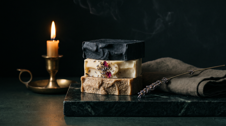 Three handmade soap bars — charcoal, flower-flecked and oatmeal-textured — stacked on dark green marble beside a brass candlestick, dried lavender and folded linen.