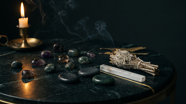 Small tumbled crystals and palm-sized worry stones, a tied white sage bundle and a slim selenite stick on dark green marble, lit by a single candle.