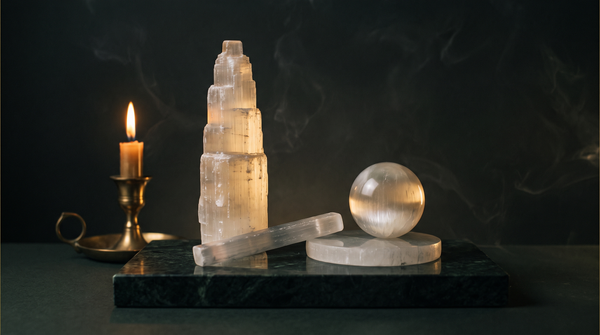 Translucent white selenite tower, wand, sphere and charging plate on dark green marble, lit by a single brass candle in near darkness