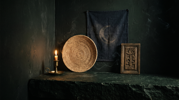 Woven fiber wall disc, dark crescent-moon fabric tapestry and a carved wooden panel against a dark green wall, lit by a single candle