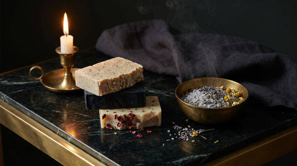 Three unlabeled soap bars — oatmeal, charcoal and rose petal — stacked on dark green marble beside a brass bowl of coarse bath salt with lavender and chamomile, lit by one candle.