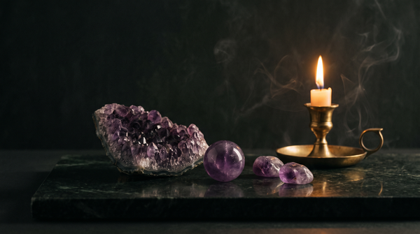 Raw violet amethyst geode, a polished amethyst sphere and two tumbled amethyst stones on dark green marble, lit by a single brass candle in near darkness