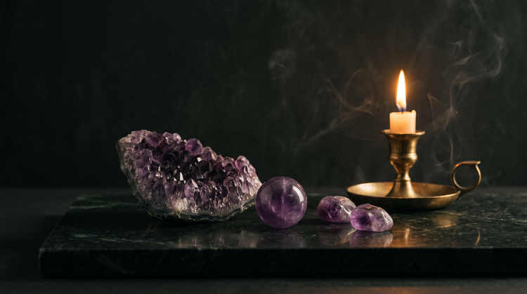 Raw violet amethyst geode, a polished amethyst sphere and two tumbled amethyst stones on dark green marble, lit by a single brass candle in near darkness