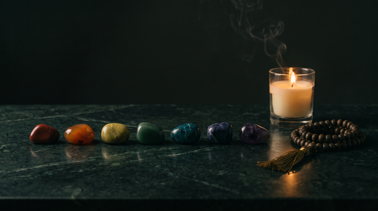Seven polished chakra stones in a row from deep red to violet on dark green marble, beside a lit candle in a glass tumbler and a strand of prayer beads
