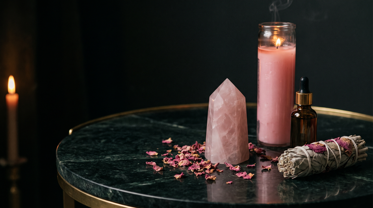 A polished rose quartz obelisk, scattered dried rose petals, a burning pink seven-day vigil candle, an amber dropper bottle of ritual oil and a sage bundle tied with rose petals on dark green marble