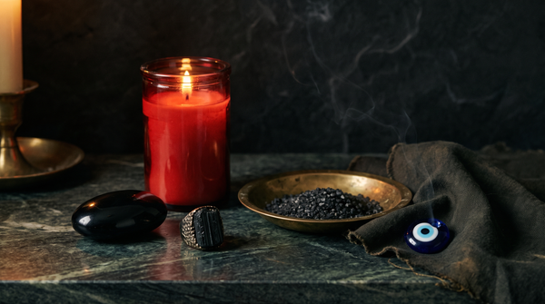 Black obsidian palm stone, a black tourmaline ring, a burning red seven-day vigil candle, a brass dish of black warding salt and a blue glass evil eye bead on dark green marble