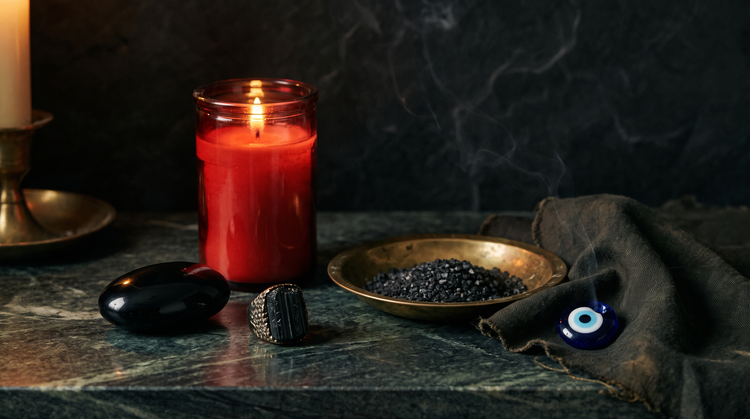 Black obsidian palm stone, a black tourmaline ring, a burning red seven-day vigil candle, a brass dish of black warding salt and a blue glass evil eye bead on dark green marble