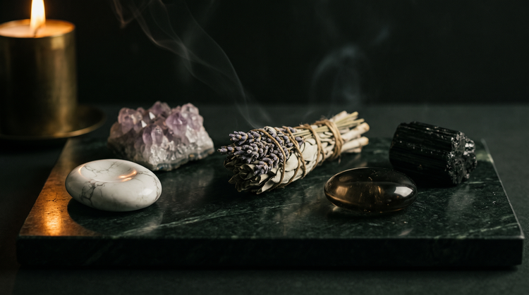 A white howlite palm stone and a raw amethyst cluster beside a bound lavender and white sage bundle, with a polished smoky quartz stone and a piece of black tourmaline on dark green marble, lit by candlelight