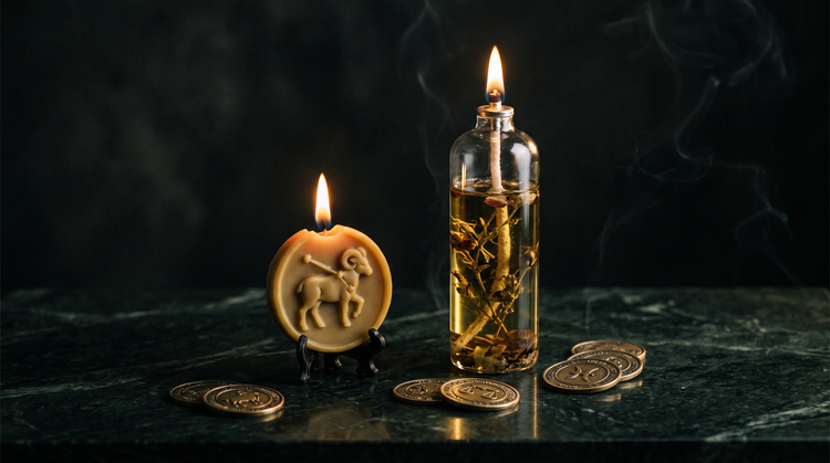 A hand-poured beeswax Aries ram medallion candle and a slender refillable glass oil lamp with dried botanicals suspended inside, beside engraved brass zodiac coins on dark green-black marble, lit by candlelight