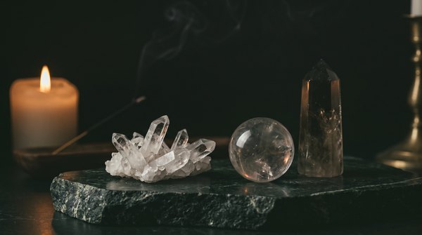 A raw clear quartz cluster, a polished quartz sphere and a smoky quartz tower on a slab of dark green marble, lit by candlelight with drifting incense smoke