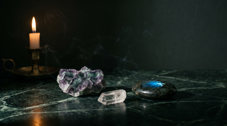 Banded purple and green fluorite beside a clear quartz point and a dark labradorite palm stone flashing blue, on dark green marble lit by a single candle